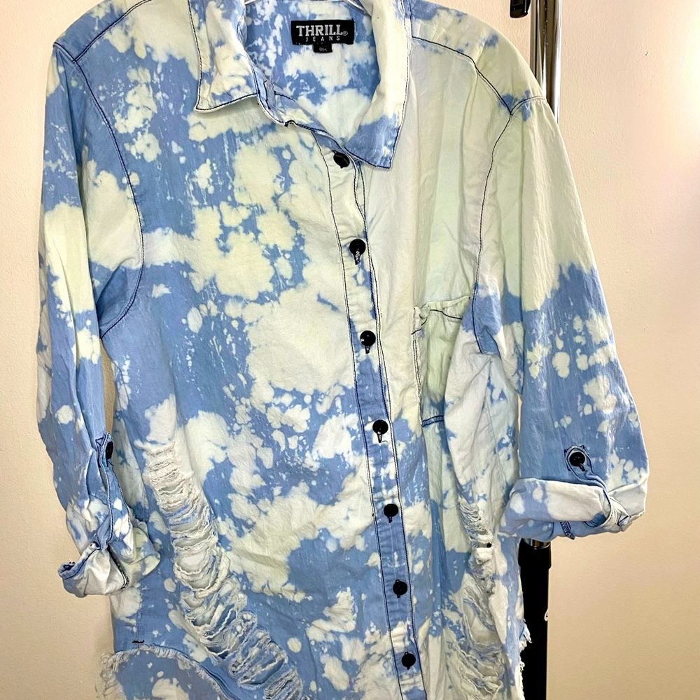 Boutique find, distressed acid washed denim oversized button down shirt; sz: 2x